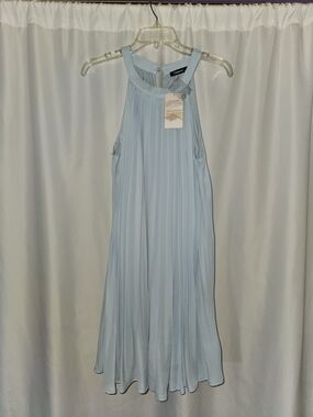 Pale Blue Pleated Halter Midi Dress Size XL #wedding #baby shower #beach #chic